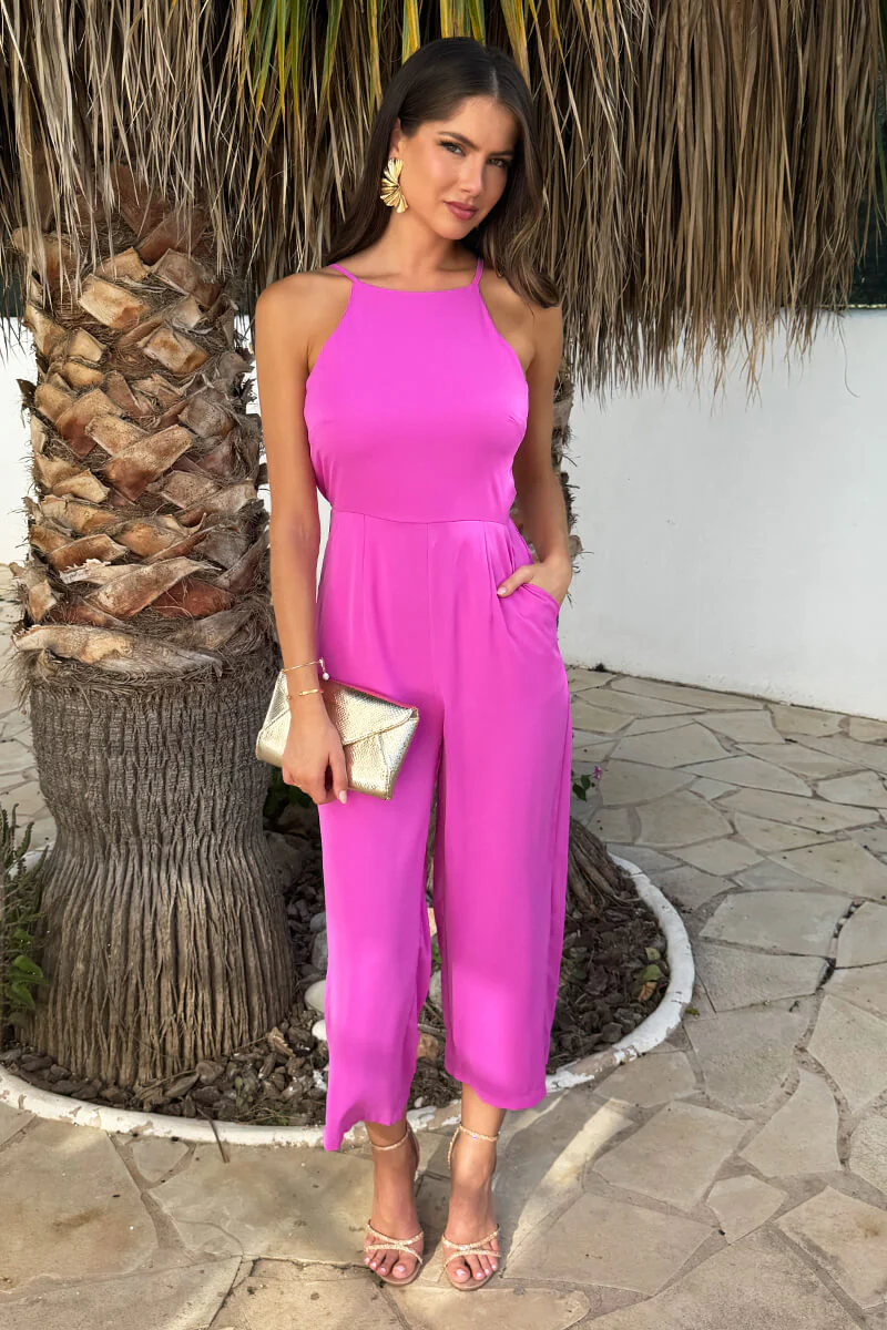 Hot Pink Strappy Racer Neck Jumpsuit - Swimclubus