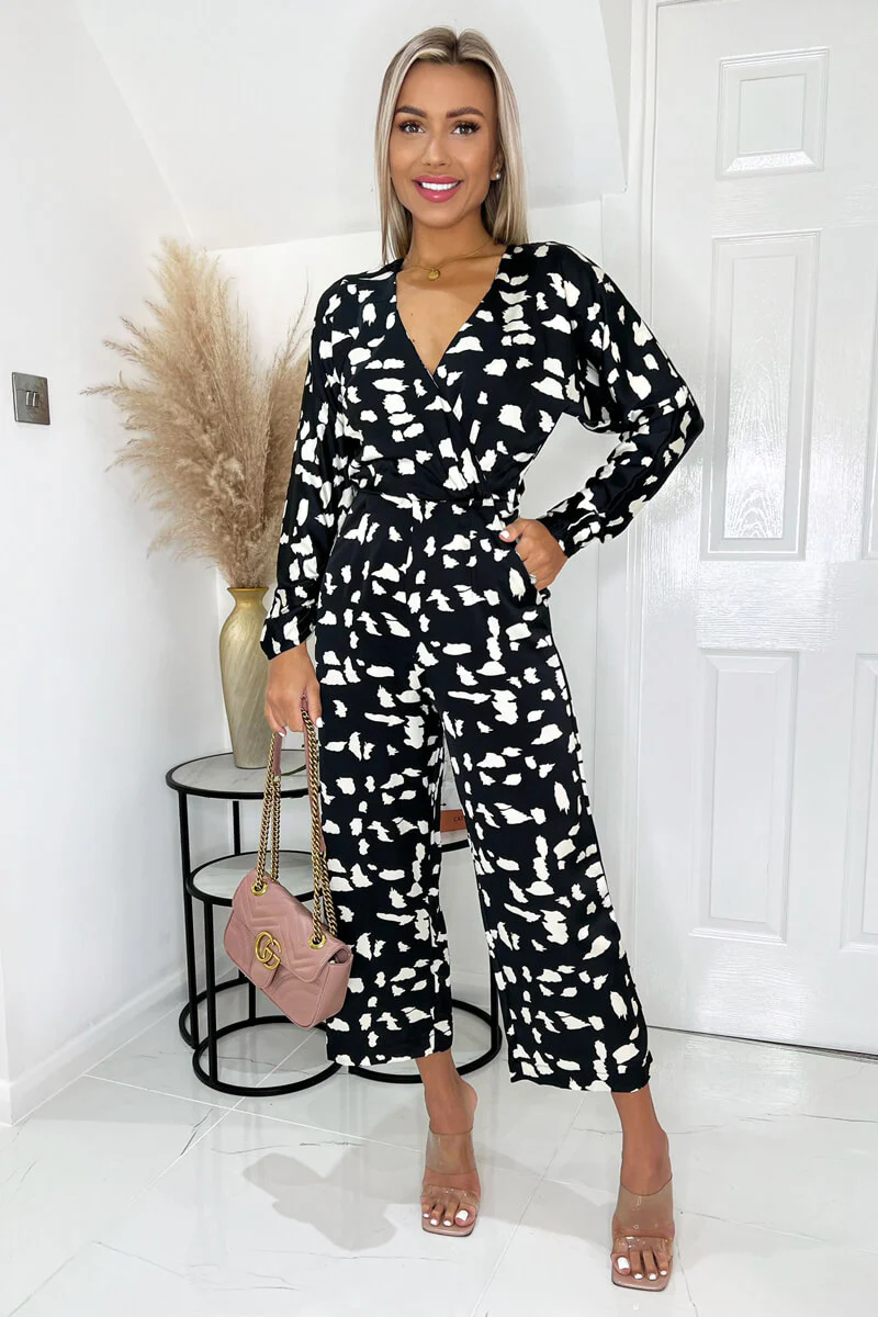 Black And White Printed Bat Wing Wrap Top Jumpsuit - Swimclubus