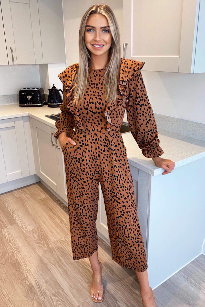 Camel Printed Frill Panel Long Sleeve Jumpsuit - Swimclubus