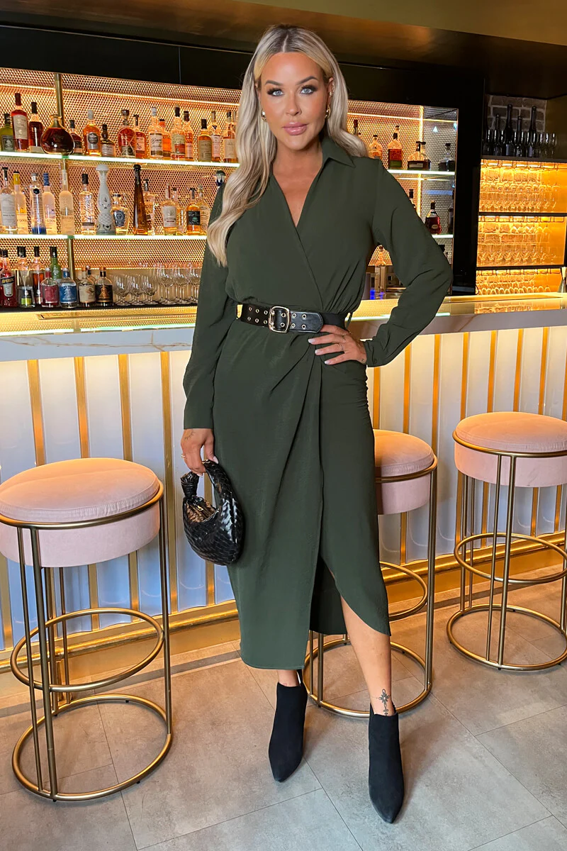 Olive Belted Wrap Midi Shirt Dress - Swimclubus