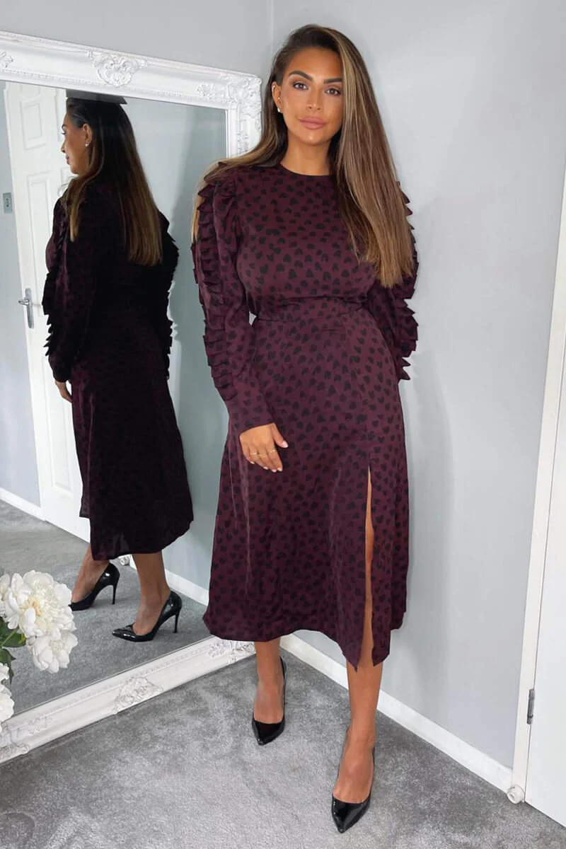 Plum Printed Long Pleated Sleeve Midi Dress - Swimclubus