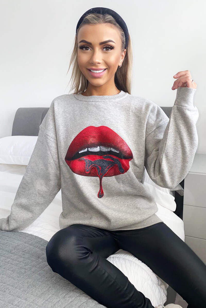 Grey Red Lips Sweatshirt - Swimclubus