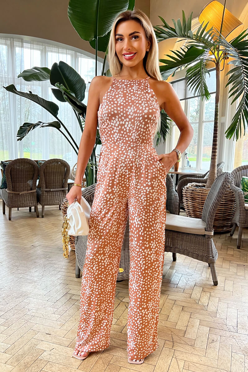 Mocha Polka Dot High Neck Jumpsuit - Swimclubus