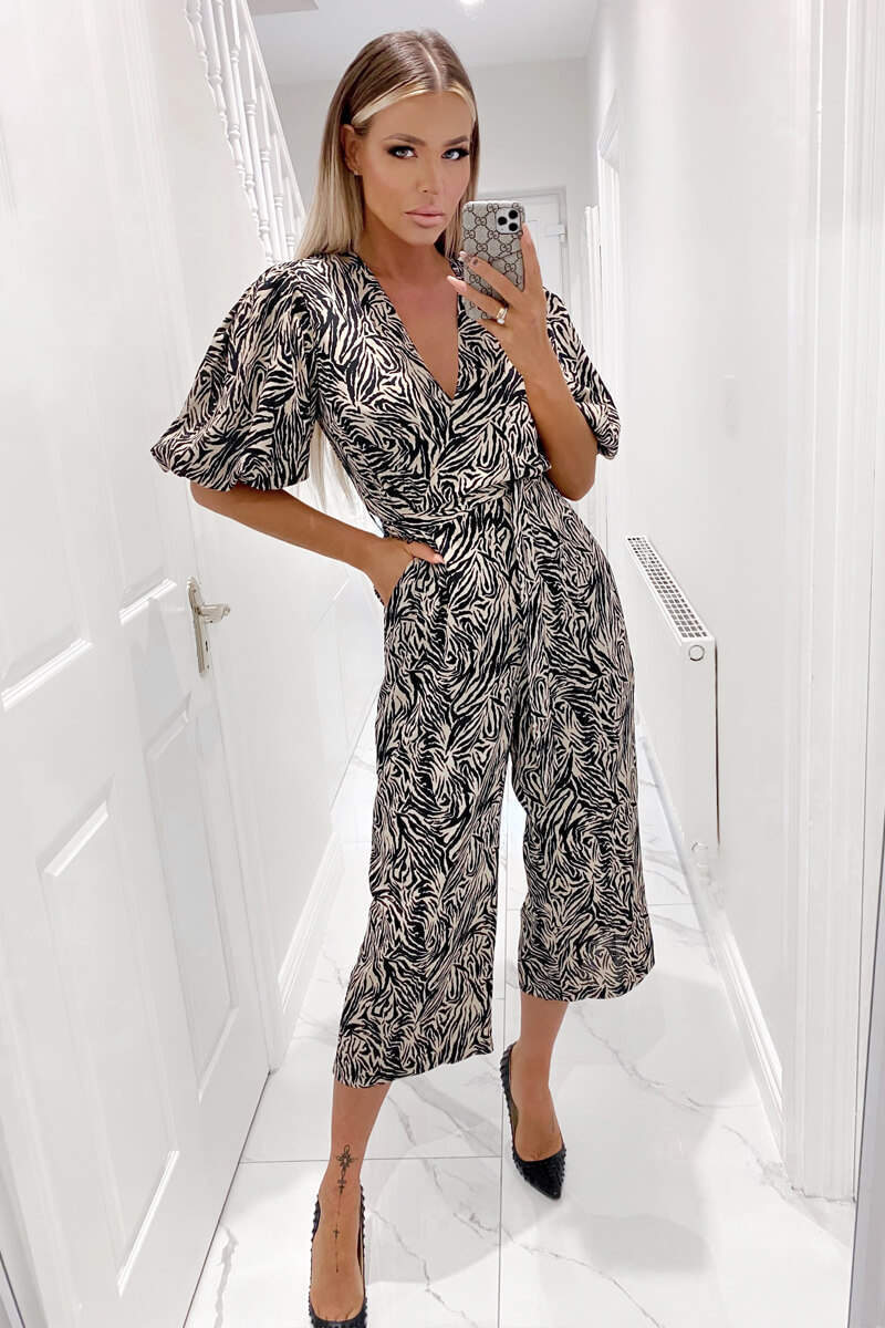 Black Animal Printed Wrap Tie Waist Jumpsuit - Swimclubus