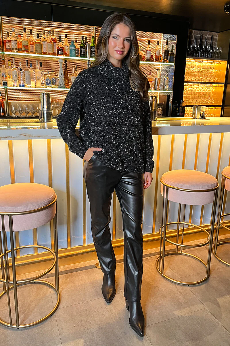 Black Metallic Knit Roll Neck Jumper - Swimclubus