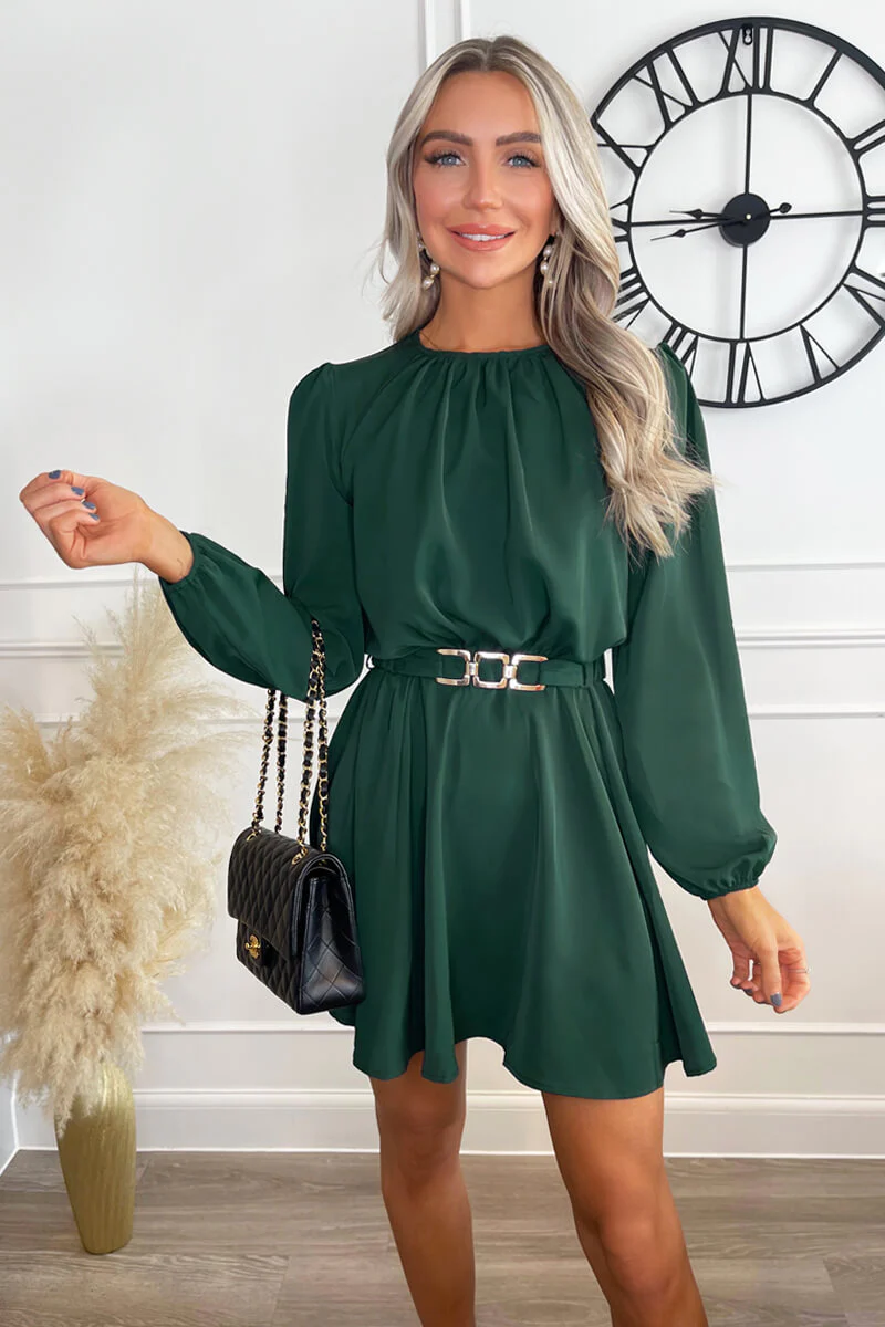 Teal Long Sleeve Belted Skater Dress - Swimclubus