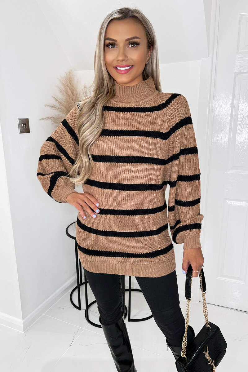 Camel And Black Striped Balloon Sleeve High Neck Knitted Jumper - Swimclubus