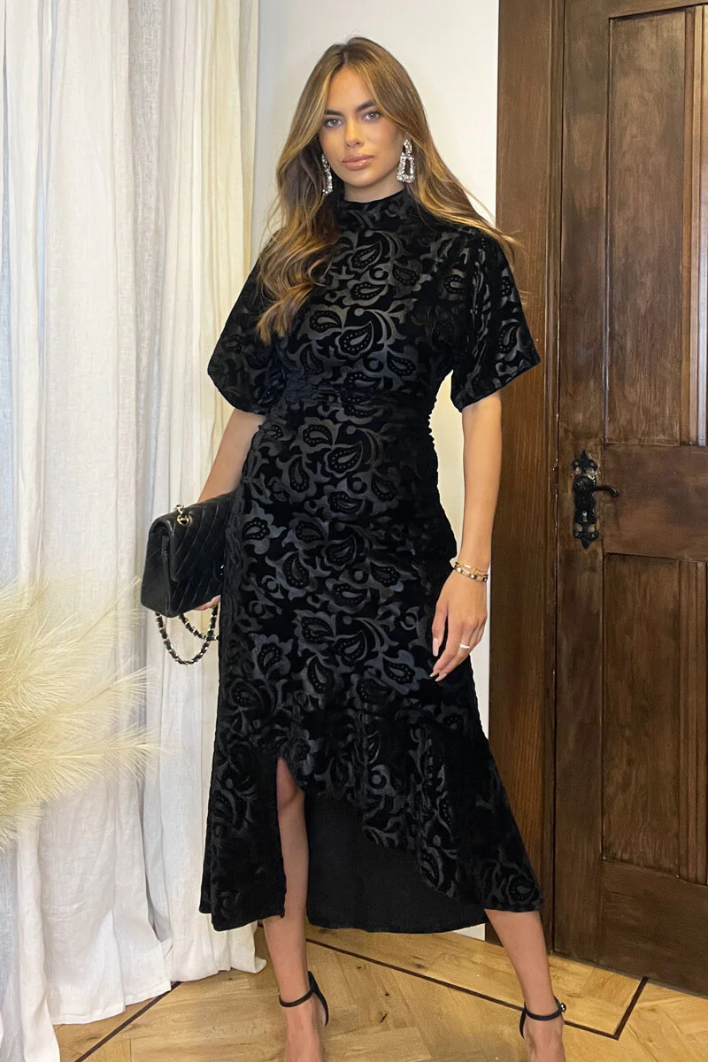 Black Jacquard Velvet Asymmetrical Hem High Neck Midi Dress - Swimclubus