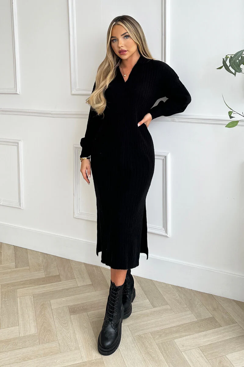 Black Knit Long Sleeve Collared Midi Dress - Swimclubus