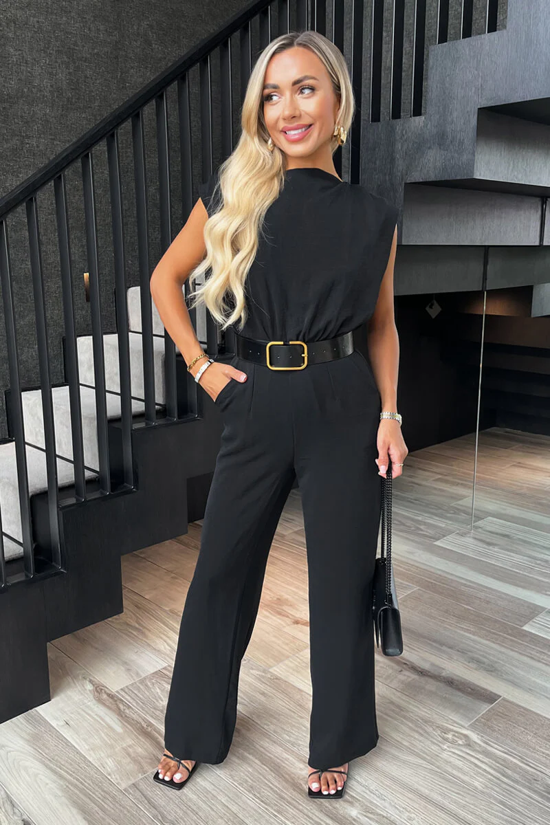 Black Boat Neck Belted Wide Leg Jumpsuit - Swimclubus