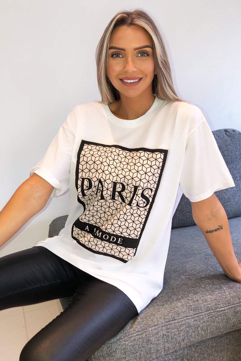 White Paris Printed Oversized T-Shirt - Swimclubus