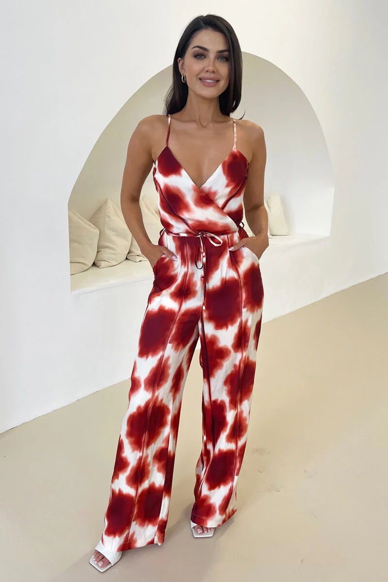 Rust Printed Strappy Tie Waist Jumpsuit - Swimclubus