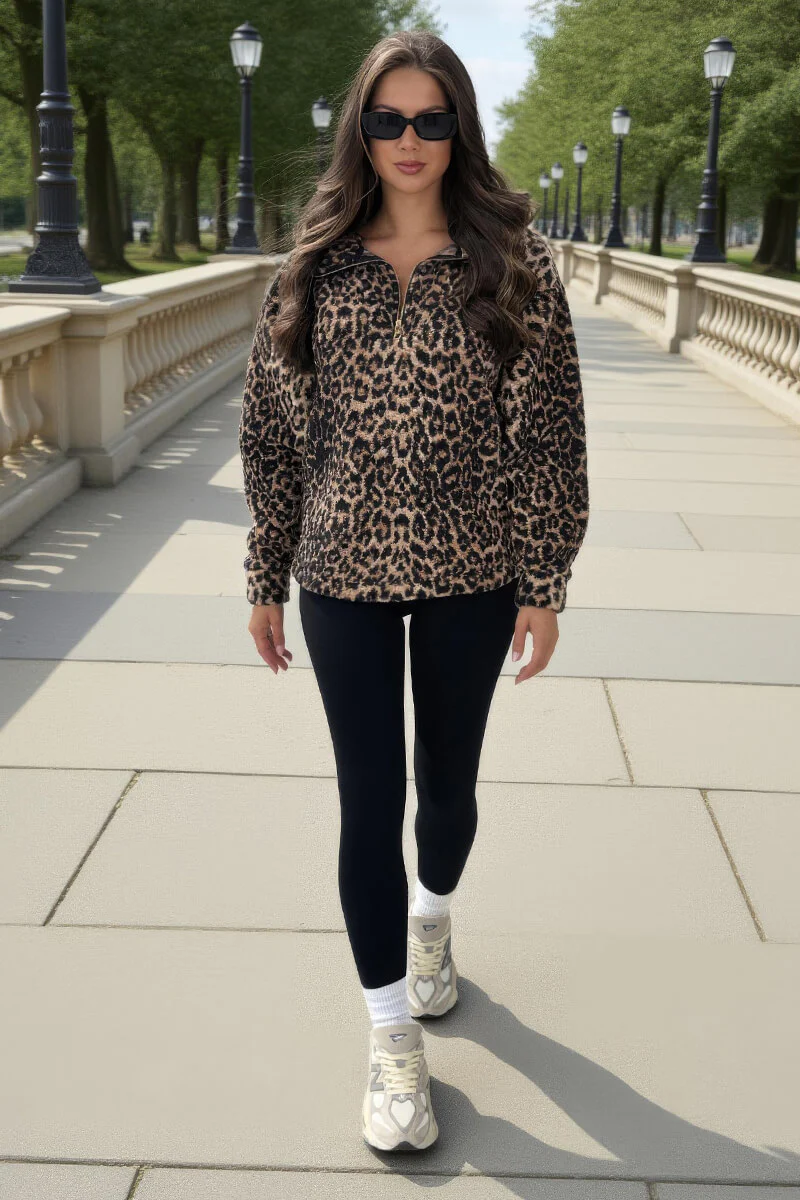 Leopard Print 1/4 Zip Teddy Sweatshirt - Swimclubus