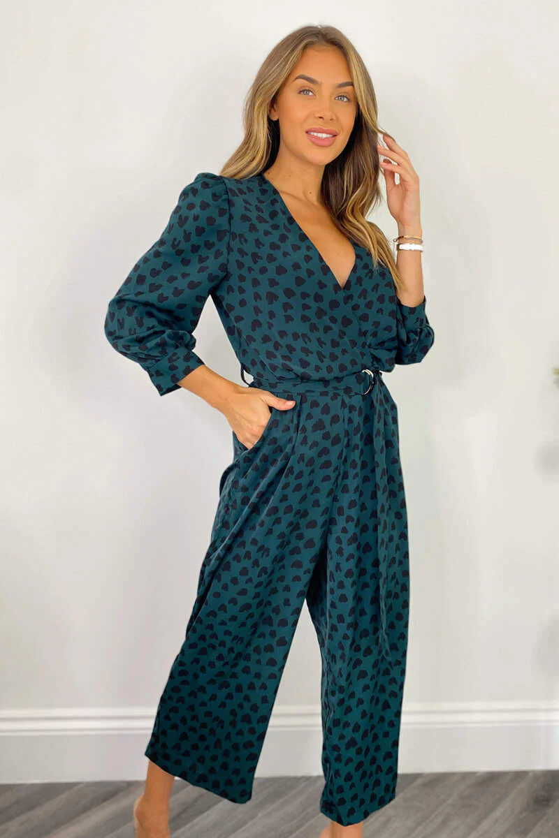 Teal Heart Printed Belted Jumpsuit - Swimclubus