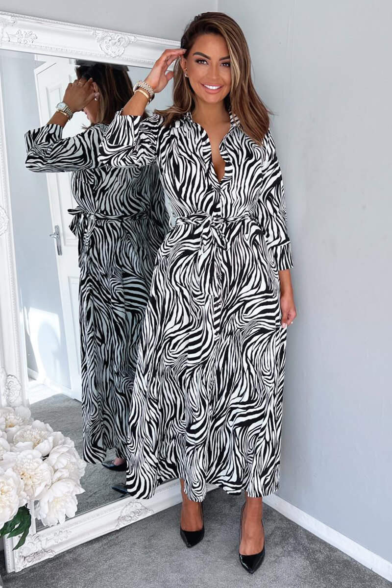 Black And White Zebra Print Midi Shirt Dress - Swimclubus