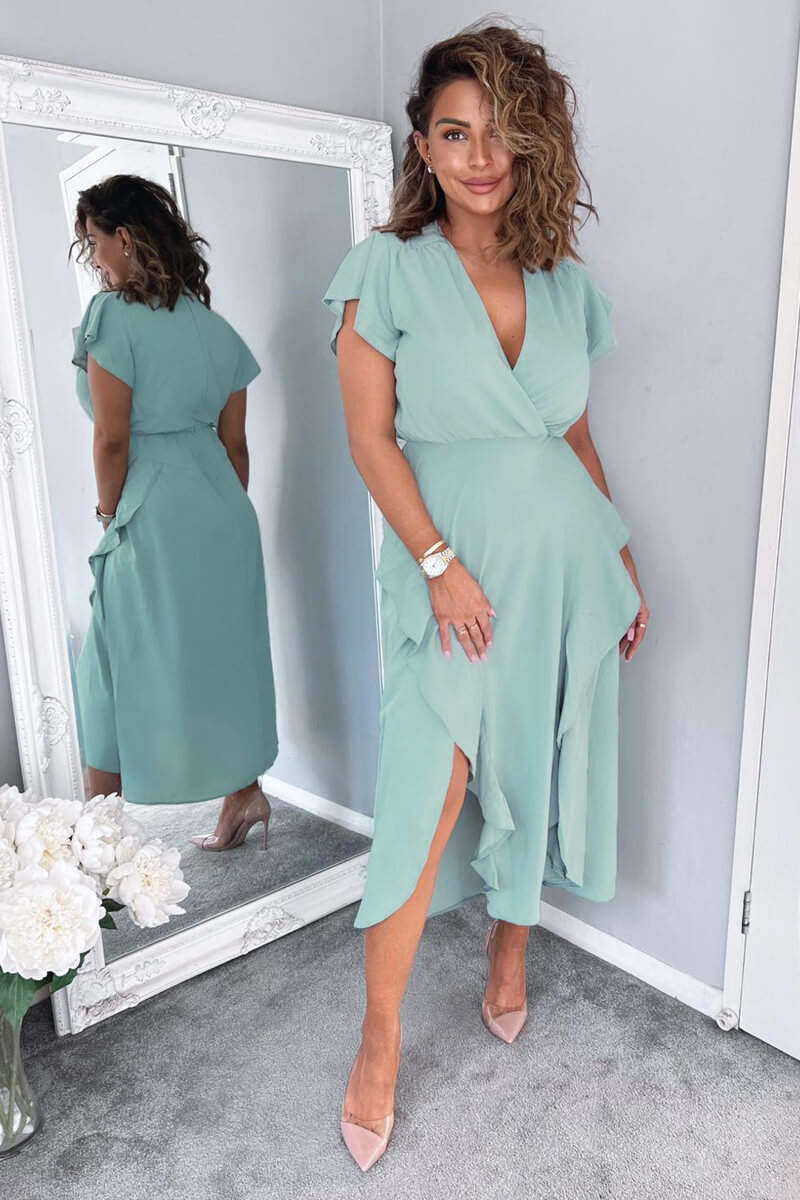 Duck Egg Frill Detail Double Split Skirt Midi Dress - Swimclubus