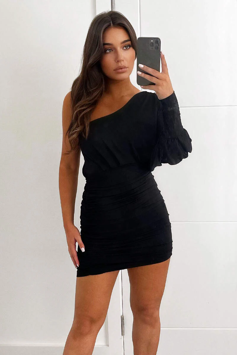 Black One Sleeve Ruched Mini Dress - Swimclubus