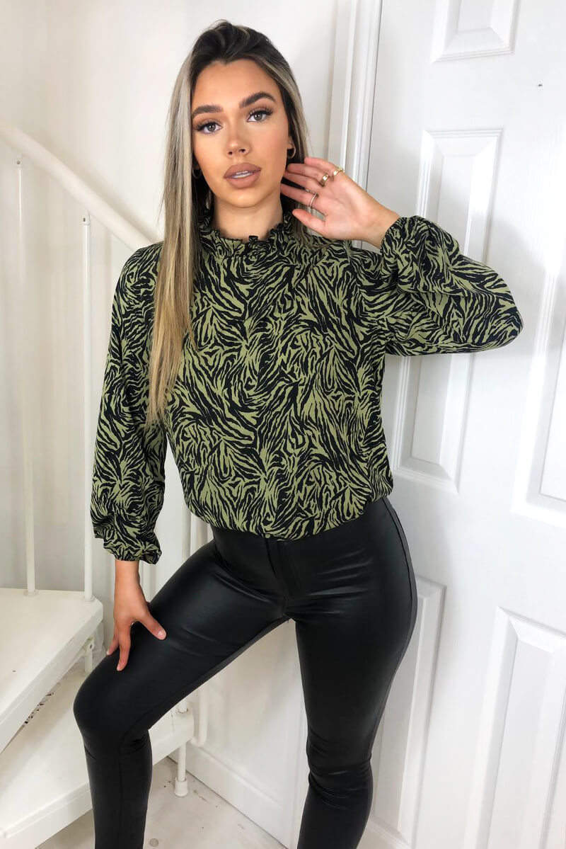 Khaki Animal Print Frill Neck Top - Swimclubus