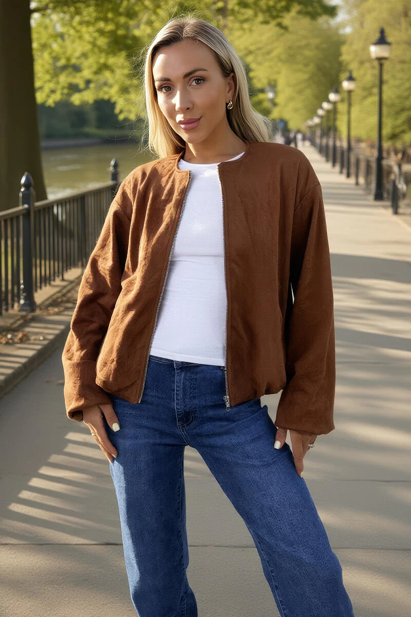 Tan Faux Suede Bubble Hem Bomber Jacket - Swimclubus