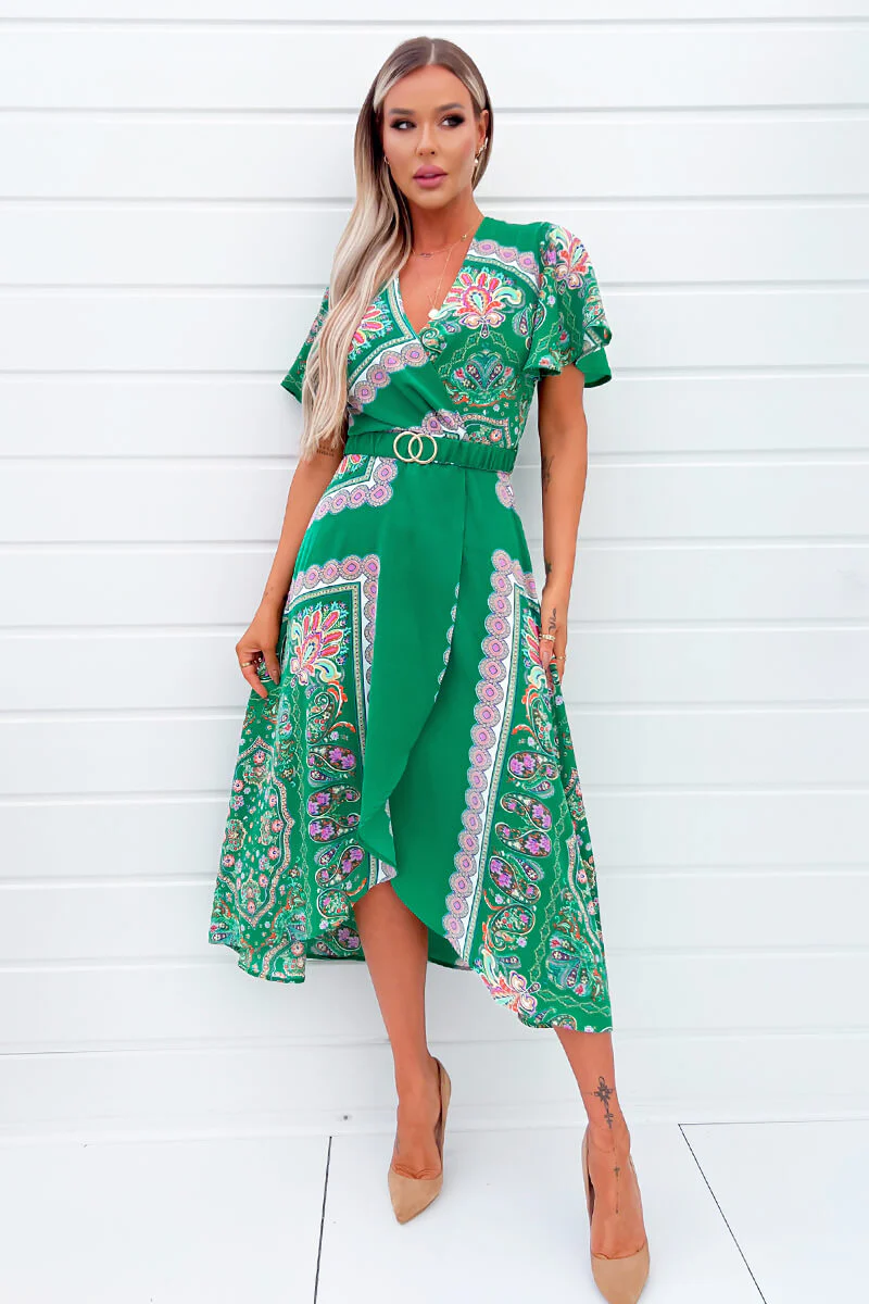 Green Paisley Printed Short Sleeve Belted Midi Dress - Swimclubus