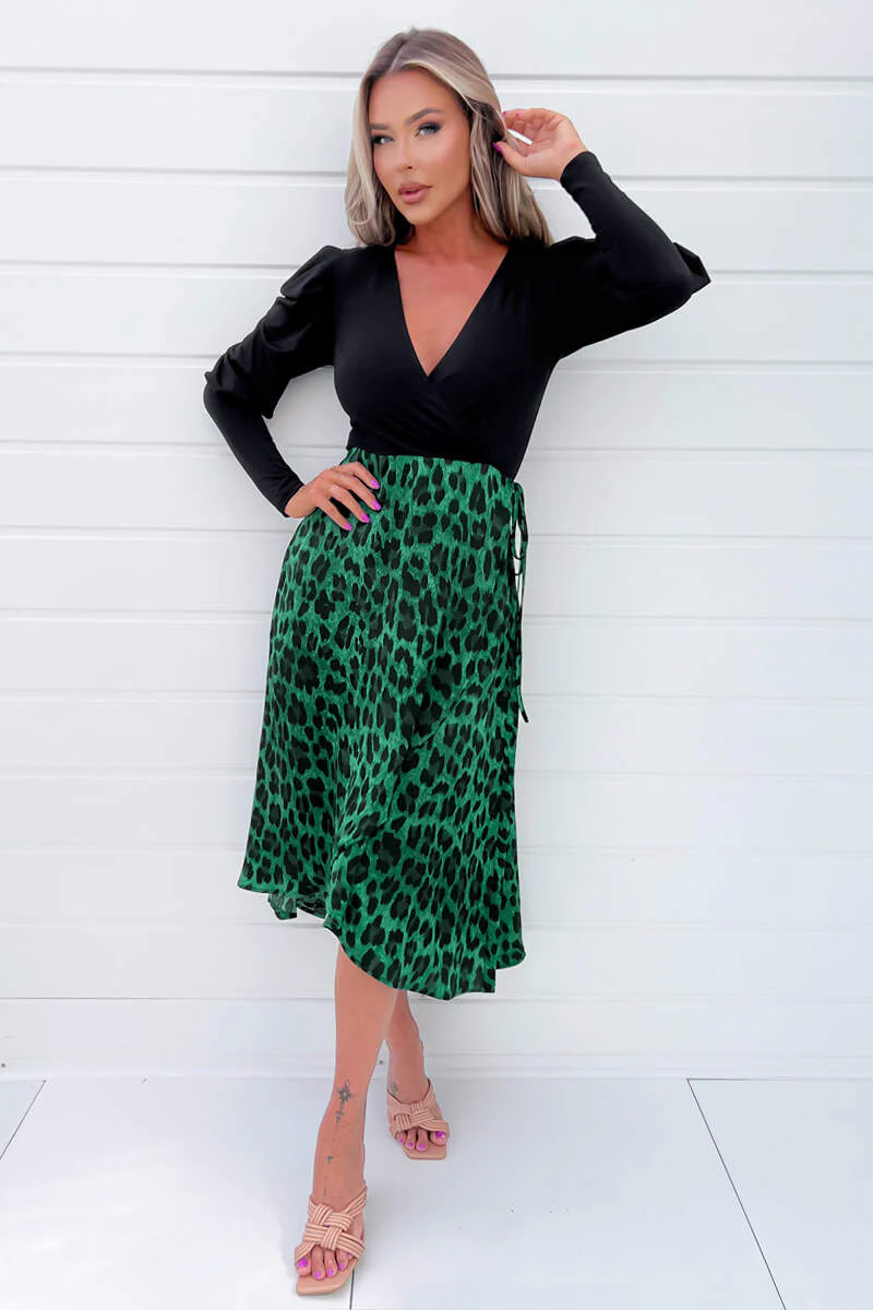 Green And Black Animal Print 2 In 1 Long Sleeve Wrap Midi Dress - Swimclubus