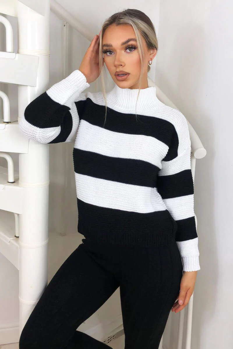 Black Striped High Neck Knit Jumper - Swimclubus