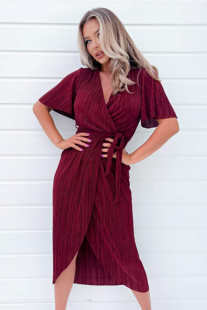 Wine Wrap Top Belted Short Sleeve Plisse Midi Dress - Swimclubus