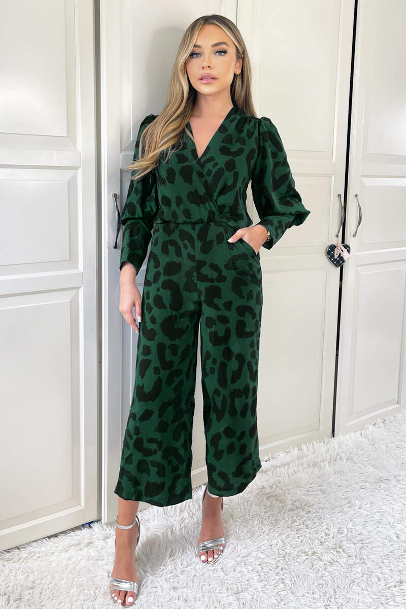 Green Leopard Print Wrap Top Culotte Jumpsuit - Swimclubus