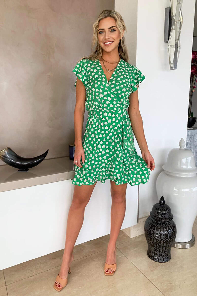 Green Heart Print Wrap Skater Dress - Swimclubus