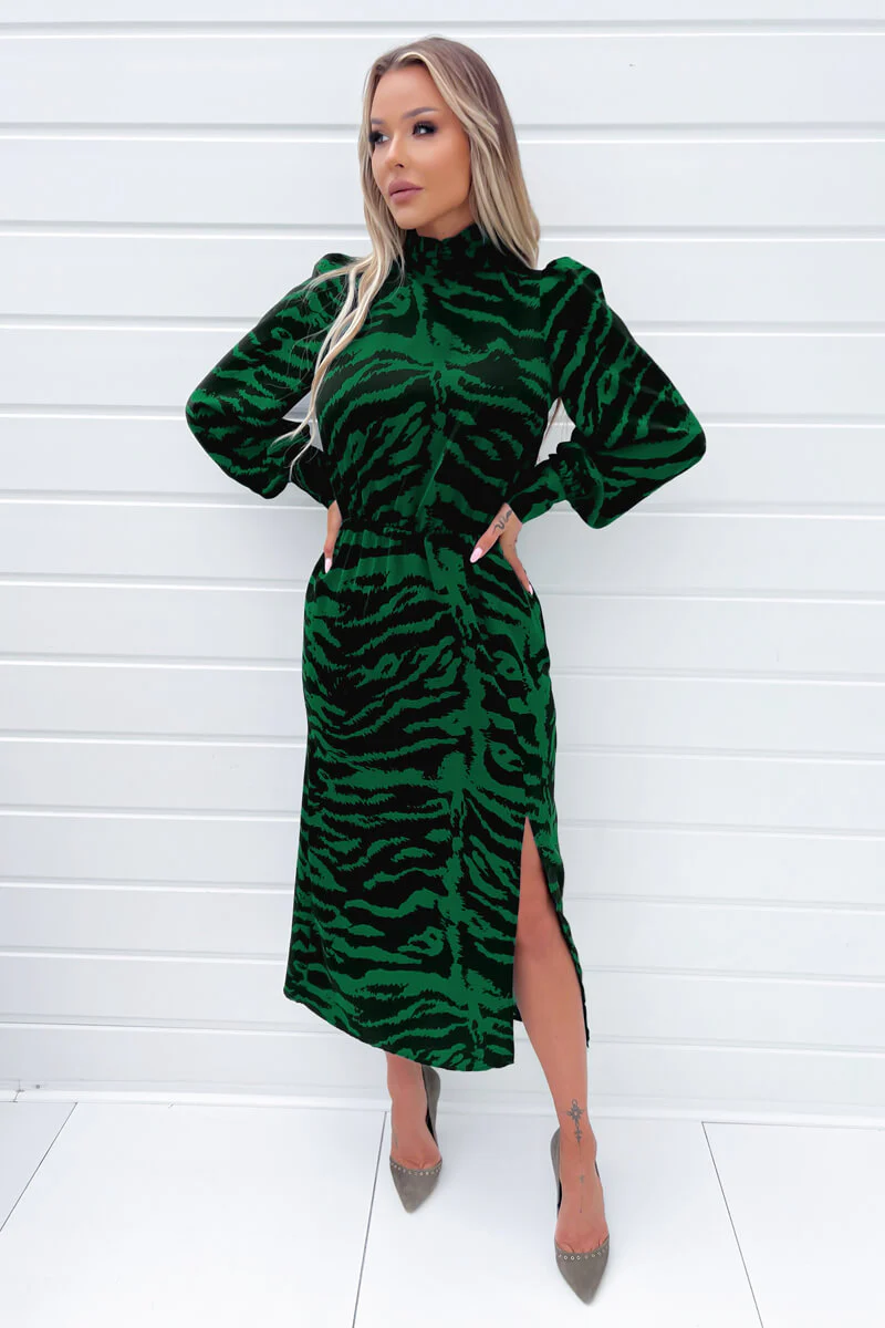 Green Animal Print High Neck Long Sleeve Midi Dress - Swimclubus