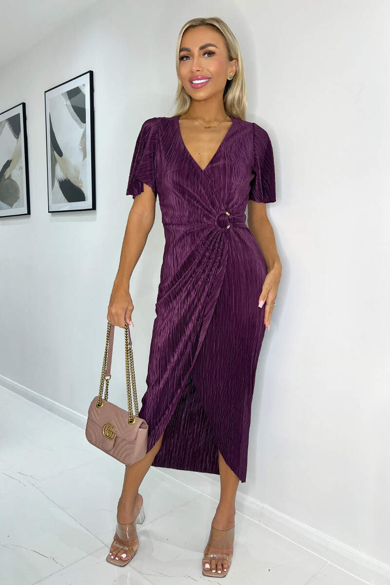 Plum Short Sleeve Plisse Wrap Midi Dress - Swimclubus