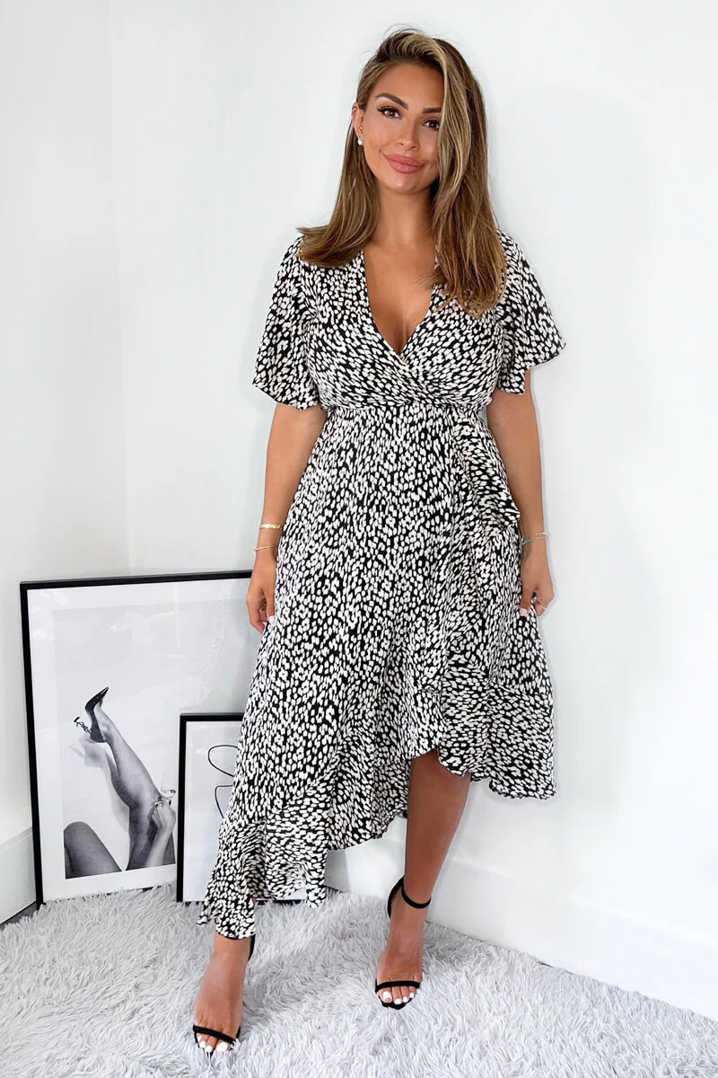 Black And White Printed Frill Hem Short Sleeve Midi Dress - Swimclubus
