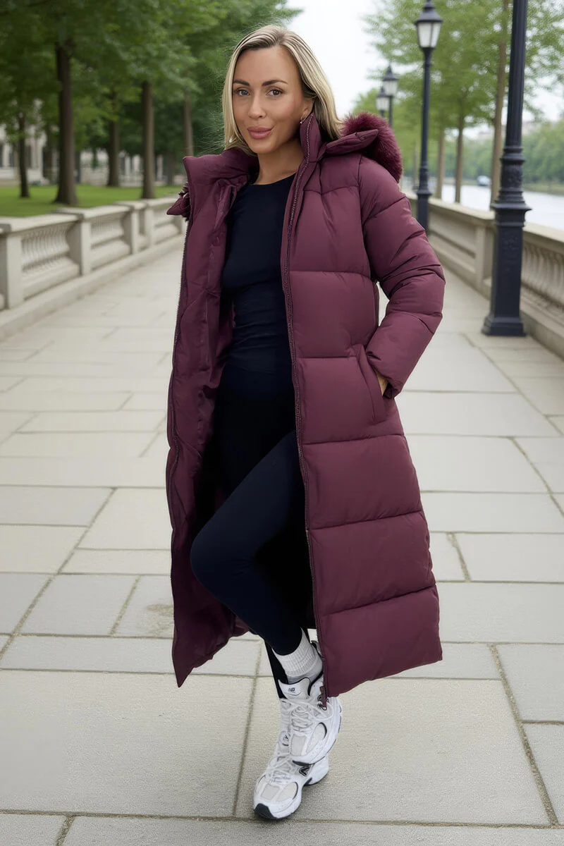 Burgundy Faux Fur Hooded Longline Padded Coat - Swimclubus