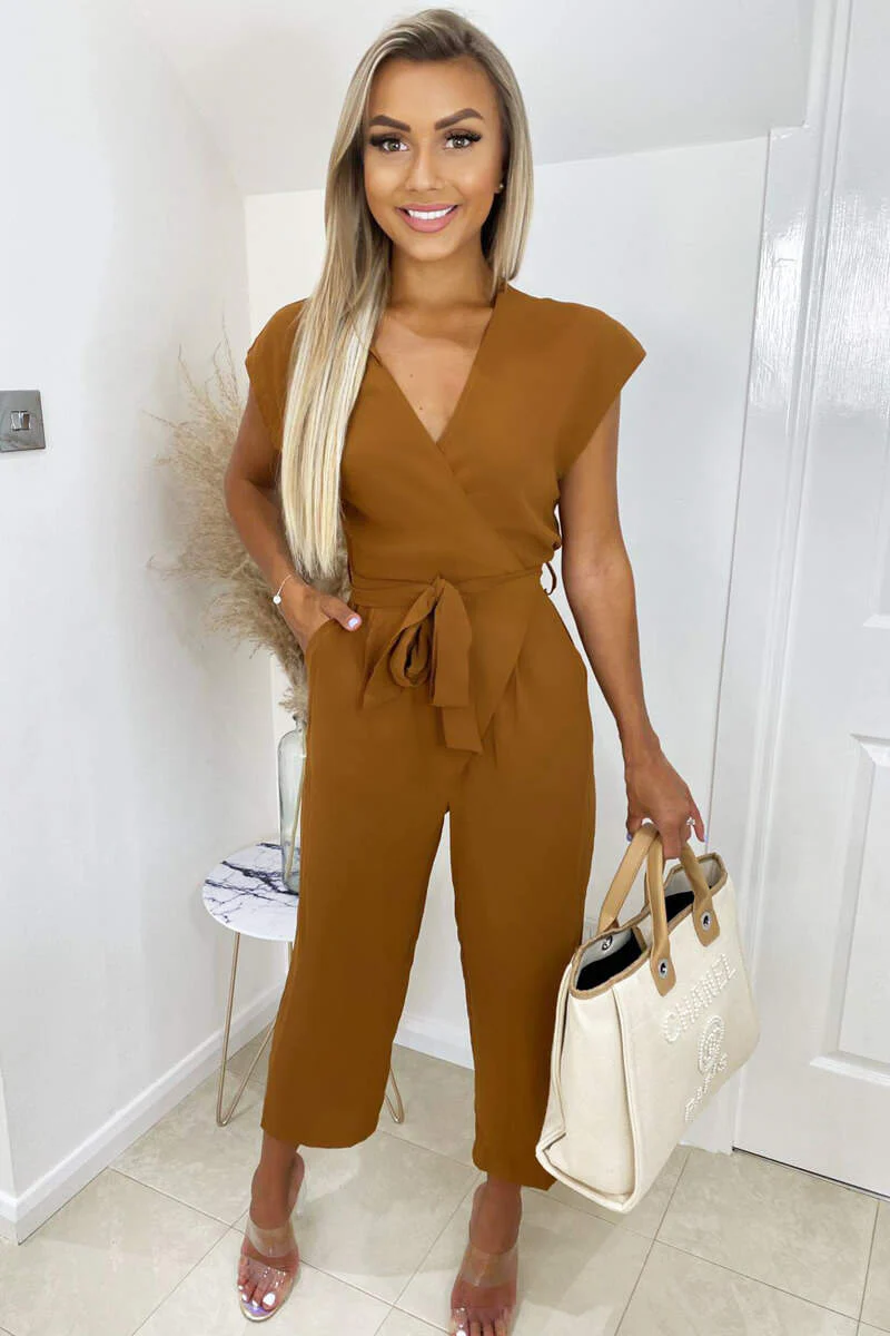 Camel Wrap Tie Waist Jumpsuit - Swimclubus