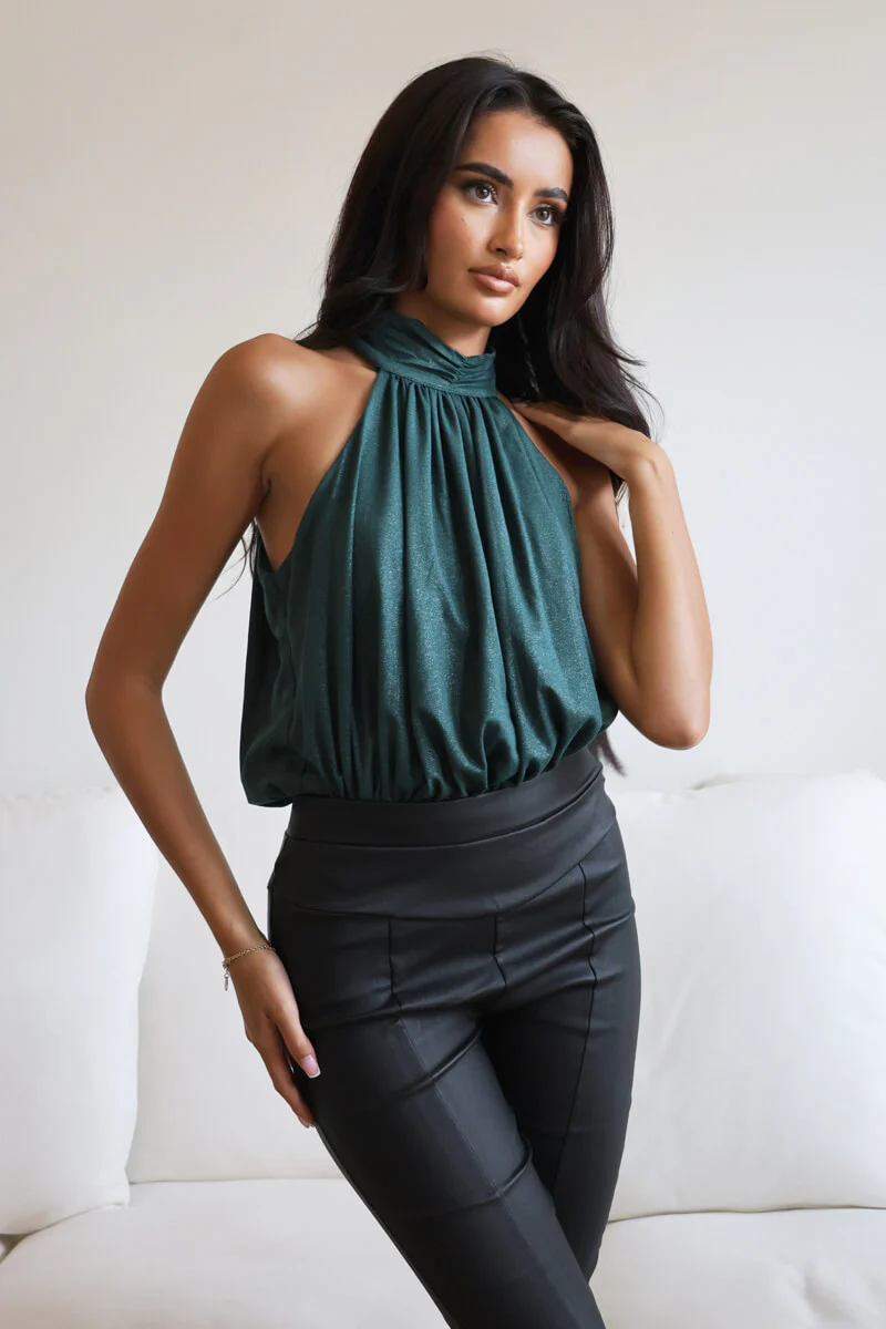 Teal Shimmer Halterneck Bodysuit - Swimclubus