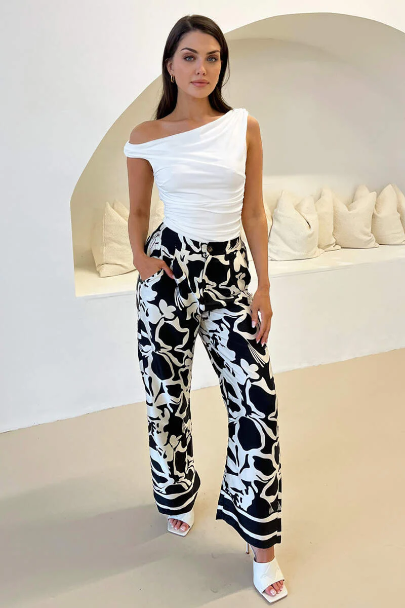 Black And White Abstract Printed Trousers - Swimclubus