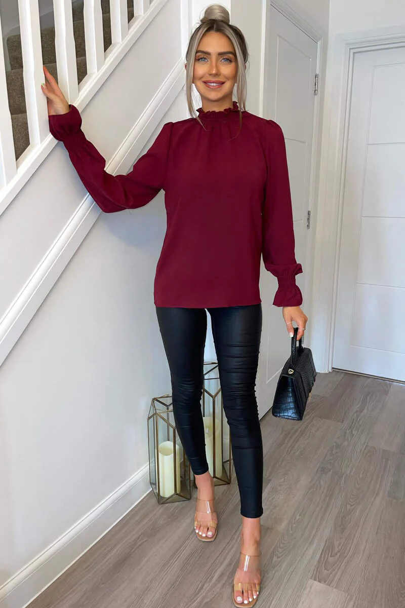 Wine Elasticated Cuff And Neck Long Sleeve Top - Swimclubus