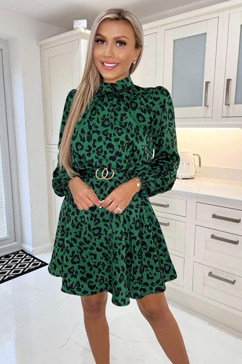 Green And Black Animal Print High Neck Belted Mini Skater Dress - Swimclubus