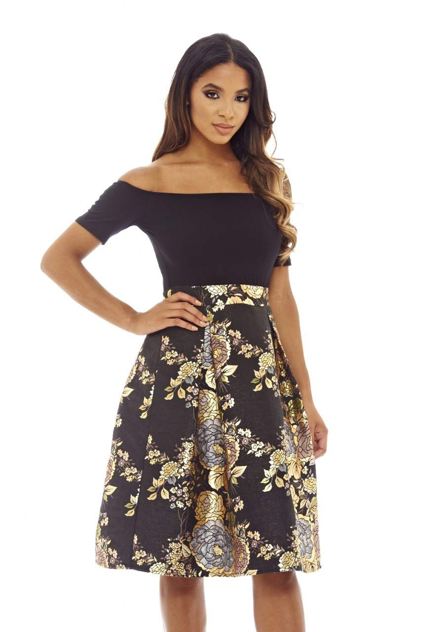 Black Bardot Midi Skater Dress - Swimclubus