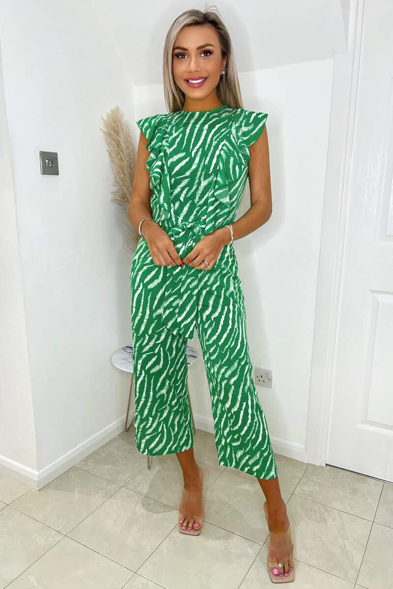 Green And White Animal Print Frill Front Jumpsuit - Swimclubus