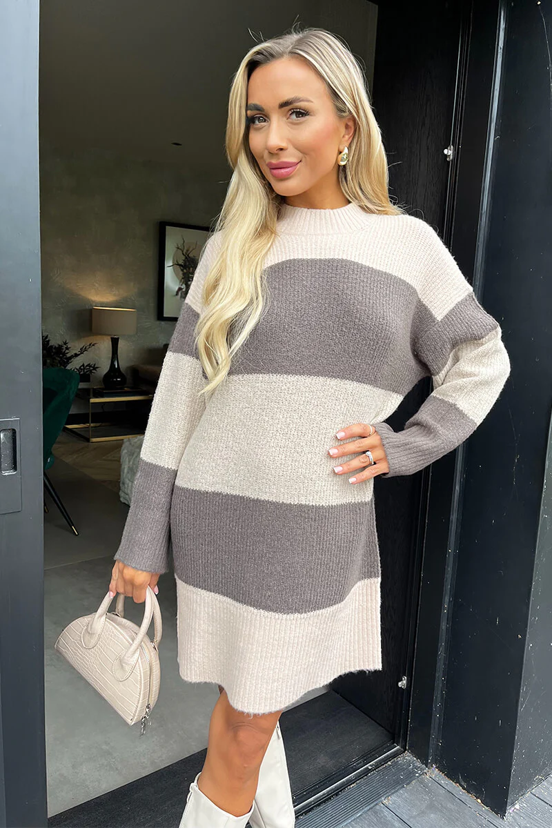 Oatmeal And Brown Striped Knitted Dress - Swimclubus