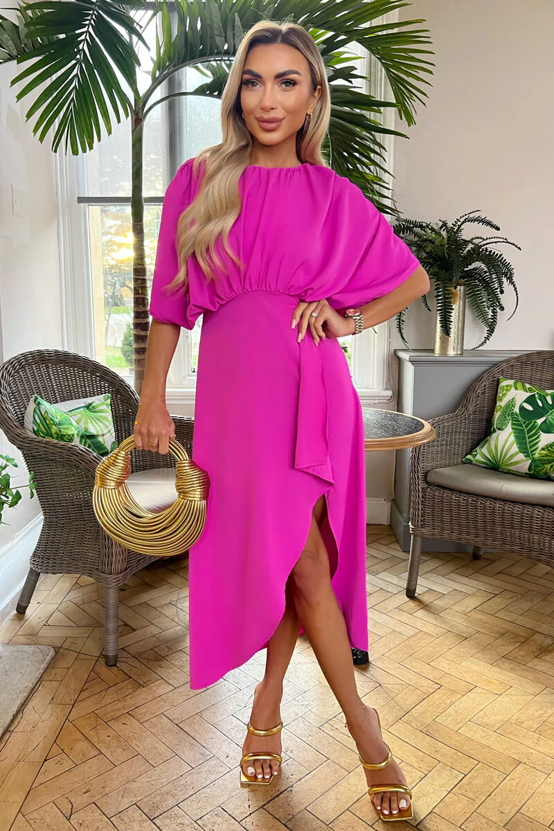 Hot Pink Batwing Top Wrap Skirt Midi Dress - Swimclubus