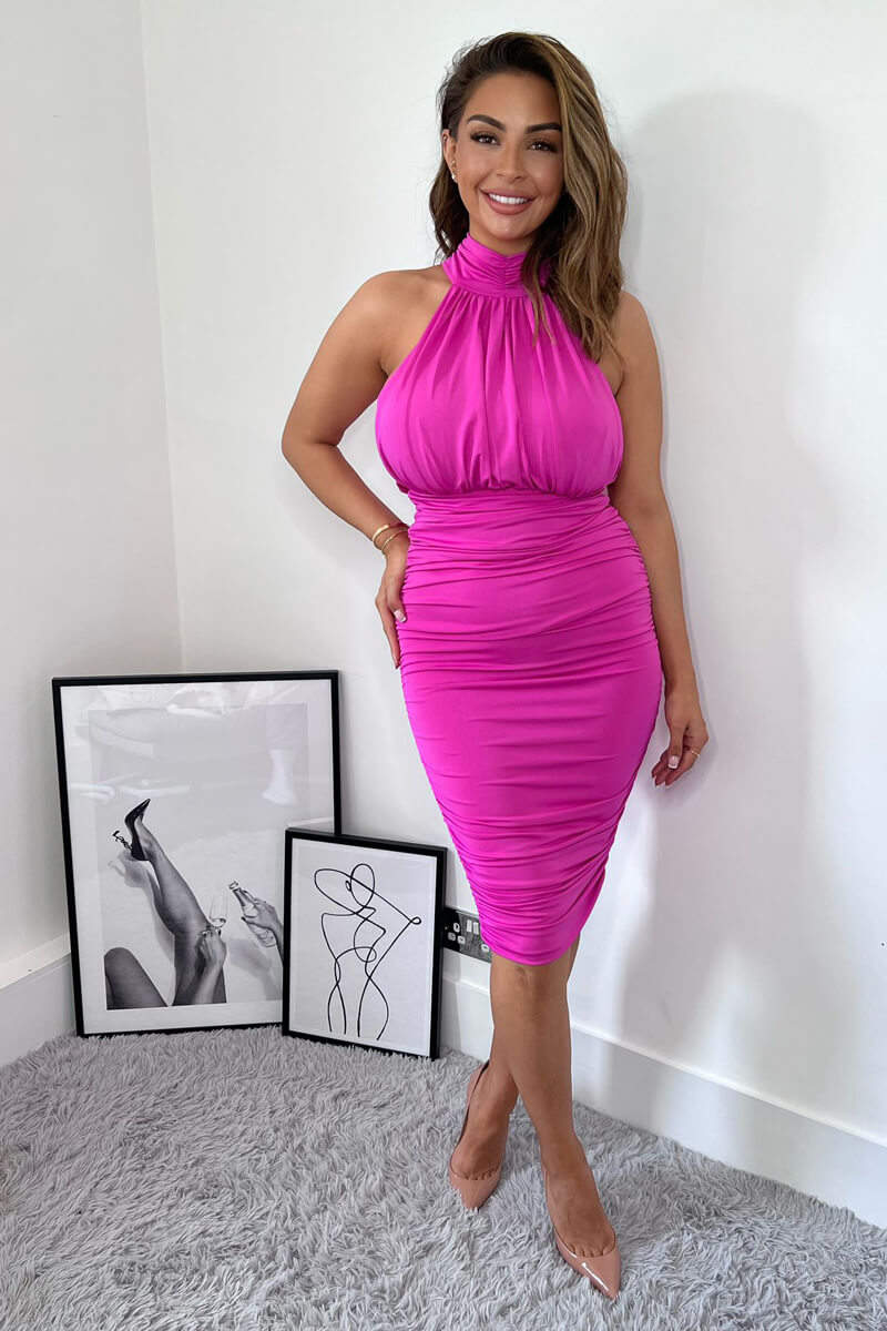 Hot Pink Ruched High Neck Midi Dress - Swimclubus