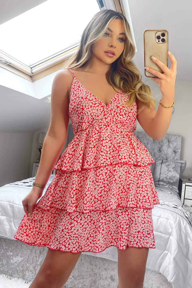 Red Floral Wrap Top Layered Frill Mini Dress - Swimclubus