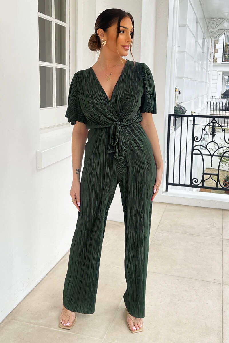 Khaki Wrap Top Plisse Jumpsuit - Swimclubus