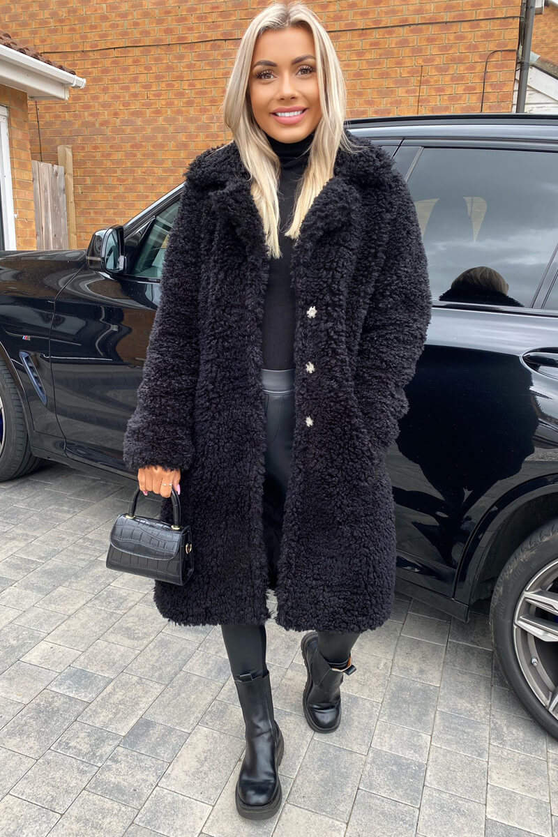Black Long Line Teddy Faux Fur Coat - Swimclubus