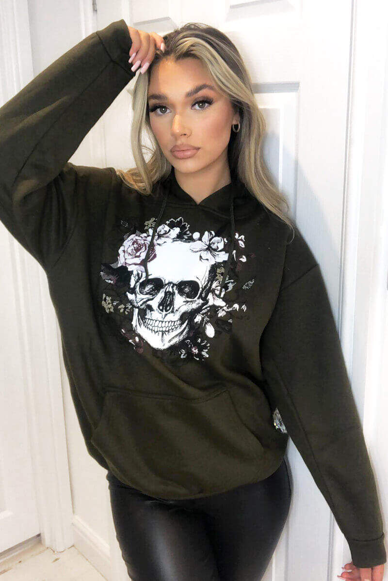 Khaki Skull Printed Hoodie - Swimclubus