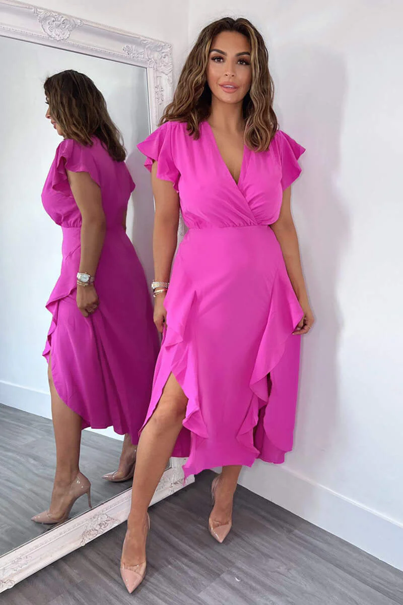 Cerise Frill Detail Double Split Skirt Midi Dress - Swimclubus
