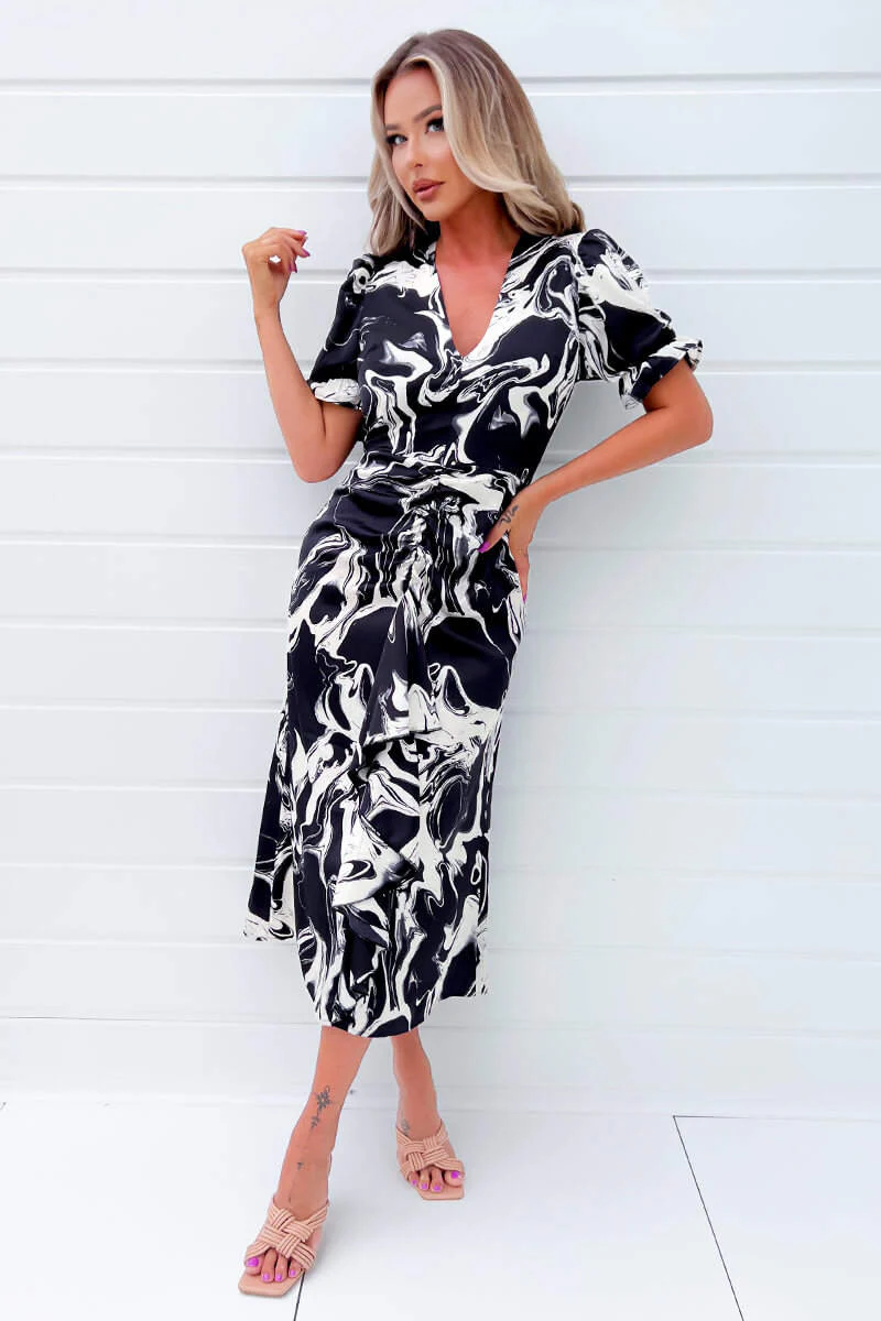 Black And Cream Printed Frill Front Midi Dress - Swimclubus