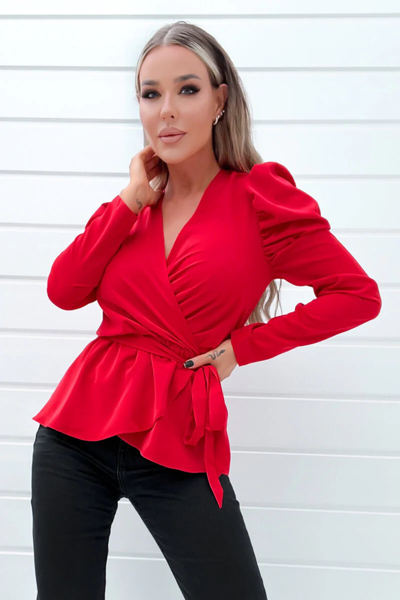Red Belted Wrap Long Sleeve Top - Swimclubus